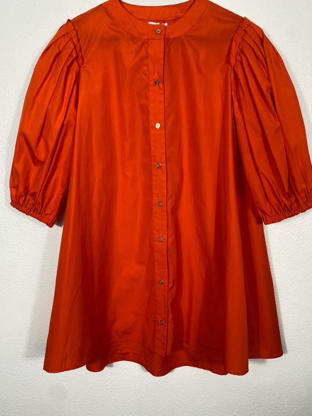 Button-Front Puff-Sleeve Mini Dress in Bold Orange Size 38 - Picture 3 of 16